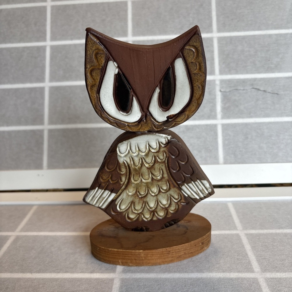 VTG  MidCentury 8" Heavy Wooden Boho Owl Figurine MCM Cottagecore Retro Folk Art